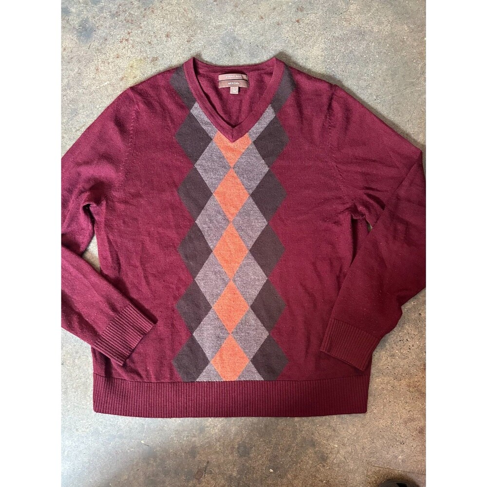 Merona Merino Wool Sweater Large Burgundy Red Argyle V Neck Knit
